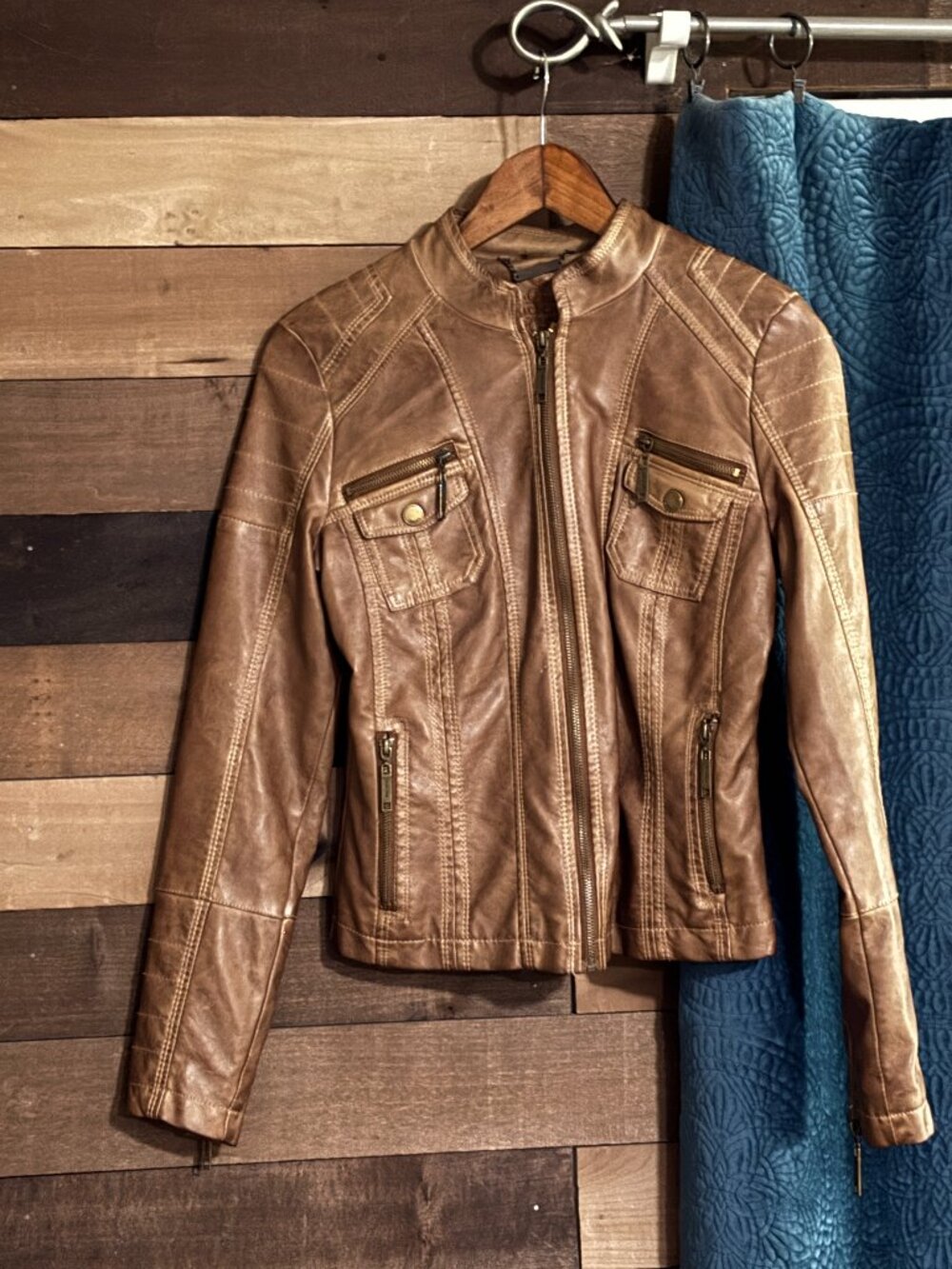 Jou Jou Brown Faux Leather Moto Jacket Small | Distressed Moto Style